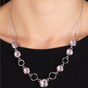 NEW Formal Pink & Silver Diamond Rhinestone Necklace & Earrings Jewelry Set